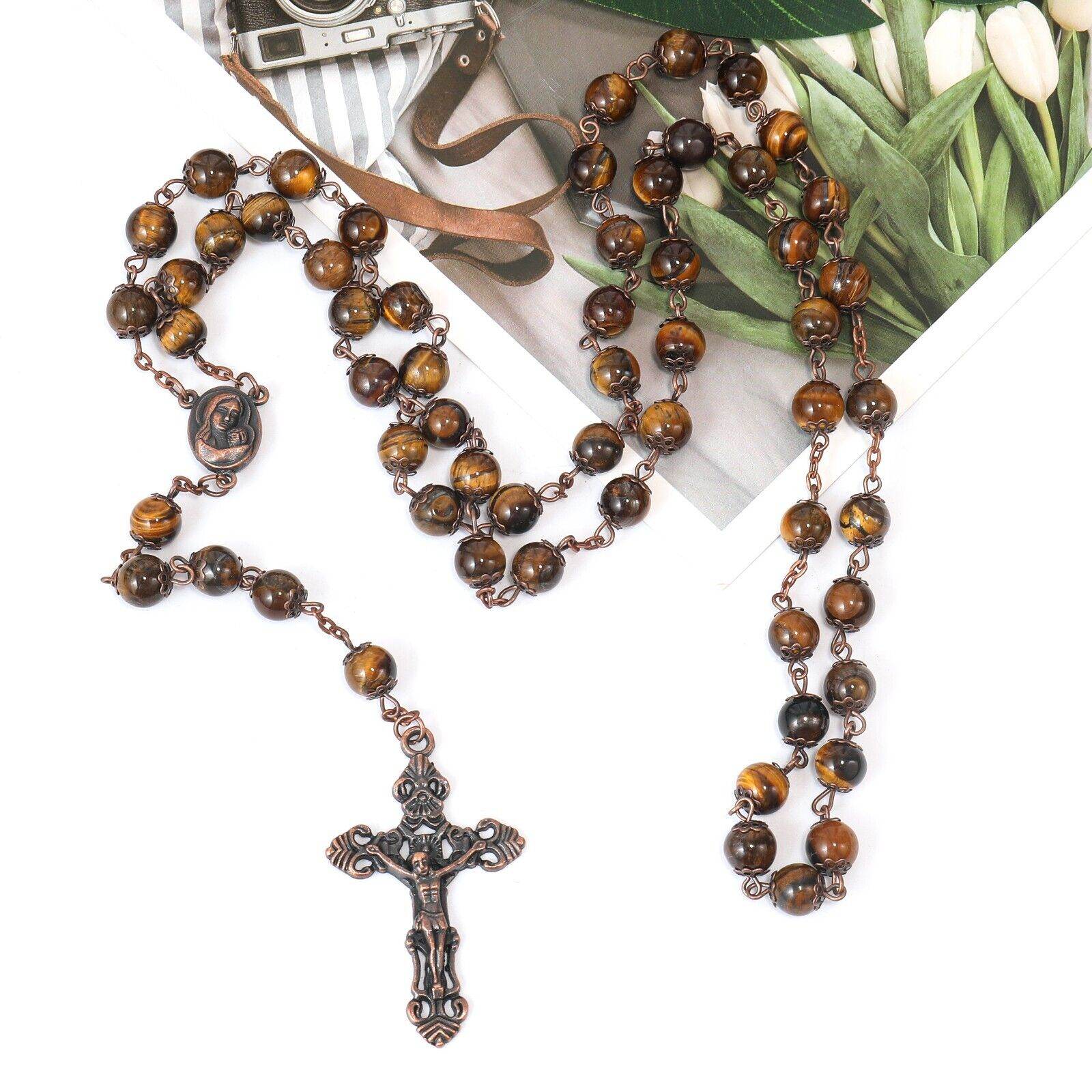Tiger Eye Natural Stone Rosary Beads Necklace Holy Soil & Cross Crucifix - Nazareth Store