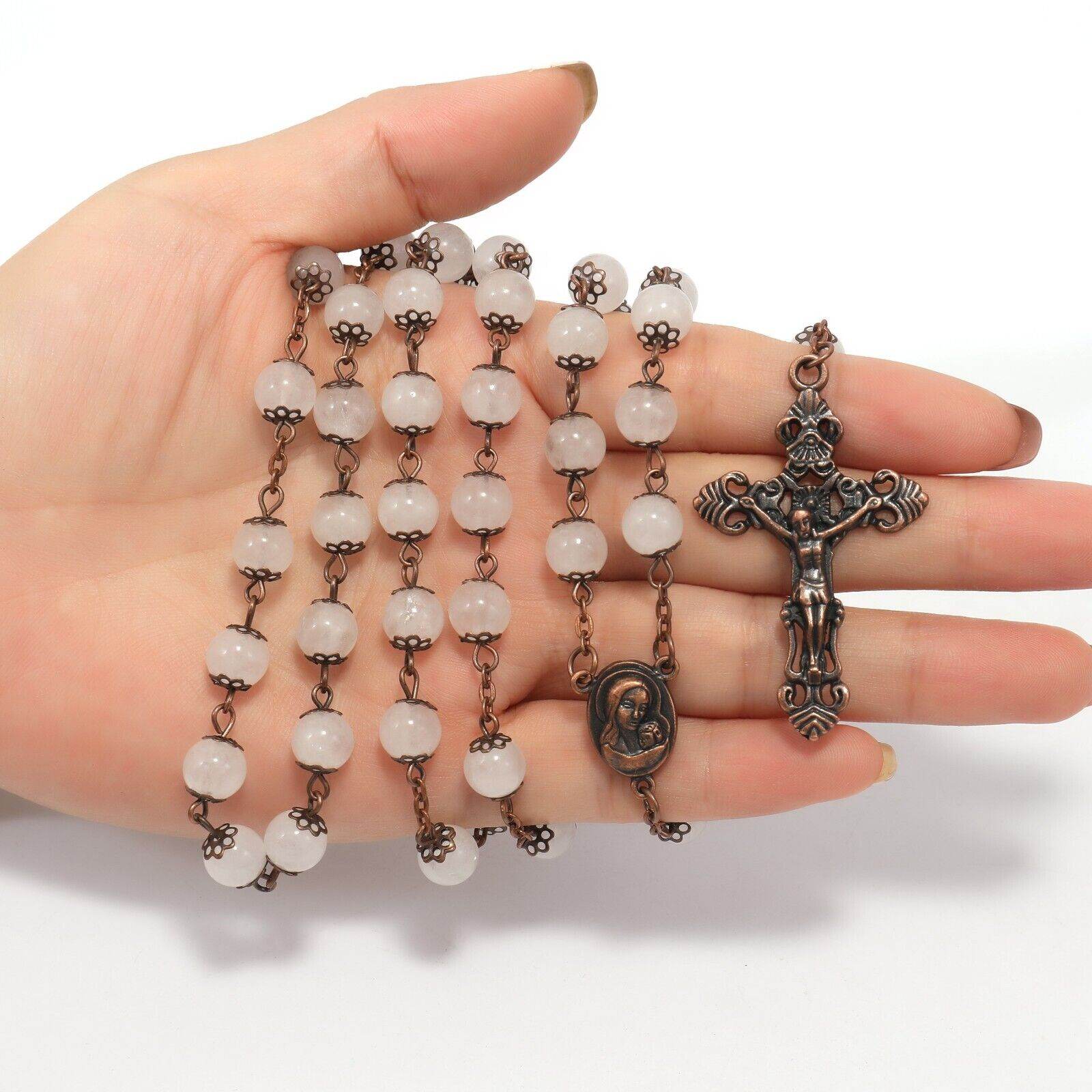 Clear Agate Natural Stone Rosary Beads Necklace Holy Soil & Cross Crucifix - Nazareth Store
