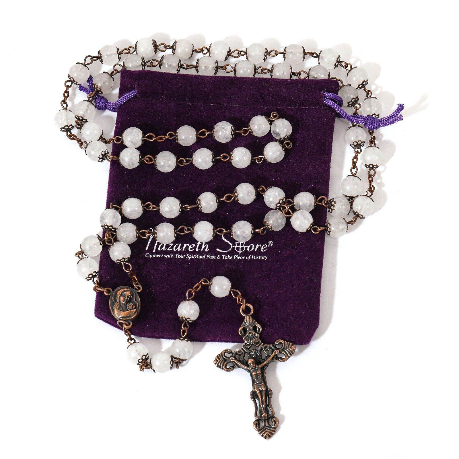 Clear Agate Natural Stone Rosary Beads Necklace Holy Soil & Cross Crucifix - Nazareth Store