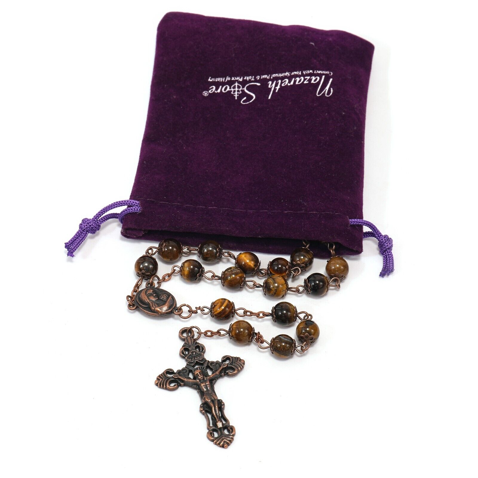 Tiger Eye Natural Stone Rosary Beads Necklace Holy Soil & Cross Crucifix Nazareth Store