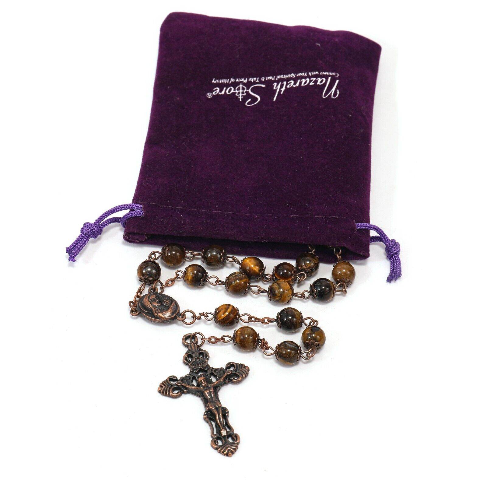 Tiger Eye Natural Stone Beads Rosary Necklace with Holy Soil Medal & Crucifix Cross - Nazareth Store