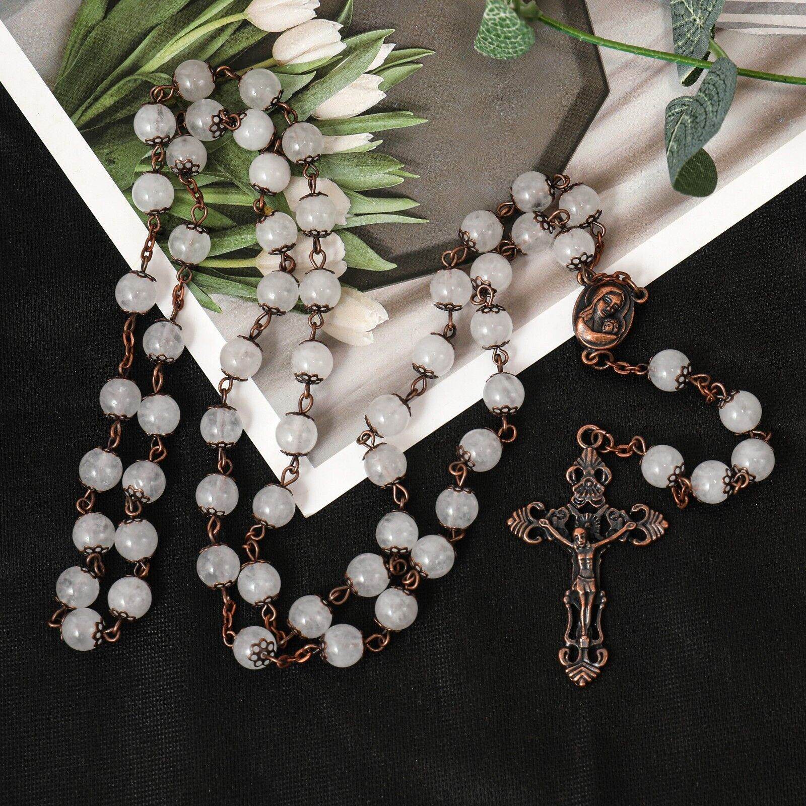 Clear Agate Natural Stone Rosary Beads Necklace Holy Soil & Cross Crucifix - Nazareth Store
