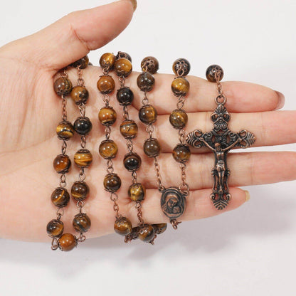 Tiger Eye Natural Stone Rosary Beads Necklace Holy Soil & Cross Crucifix - Nazareth Store
