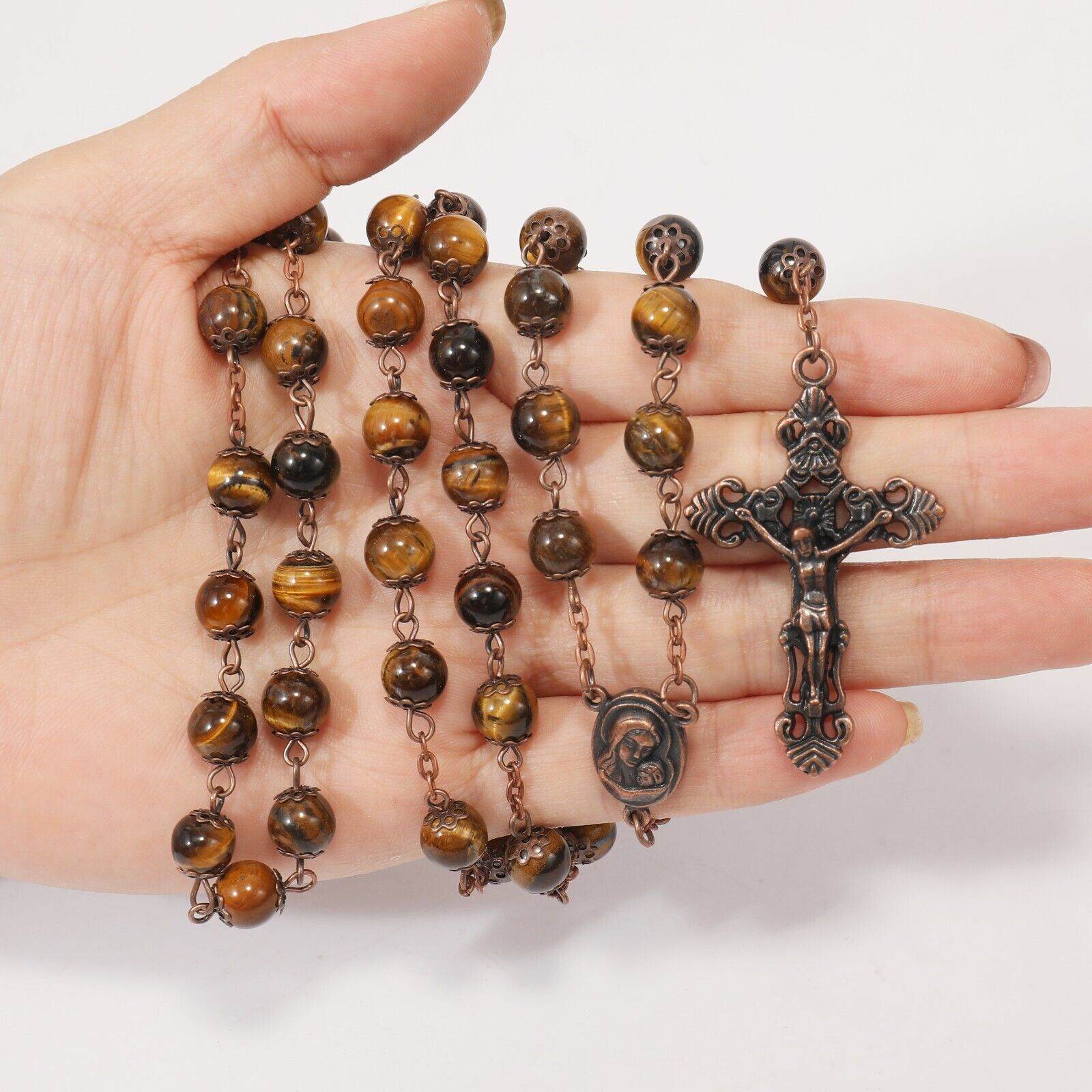 Tiger Eye Natural Stone Beads Rosary Necklace with Holy Soil Medal & Crucifix Cross - Nazareth Store