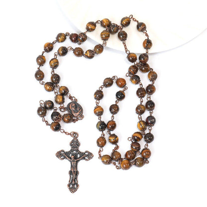 Tiger Eye Natural Stone Beads Rosary Necklace with Holy Soil Medal & Crucifix Cross - Nazareth Store
