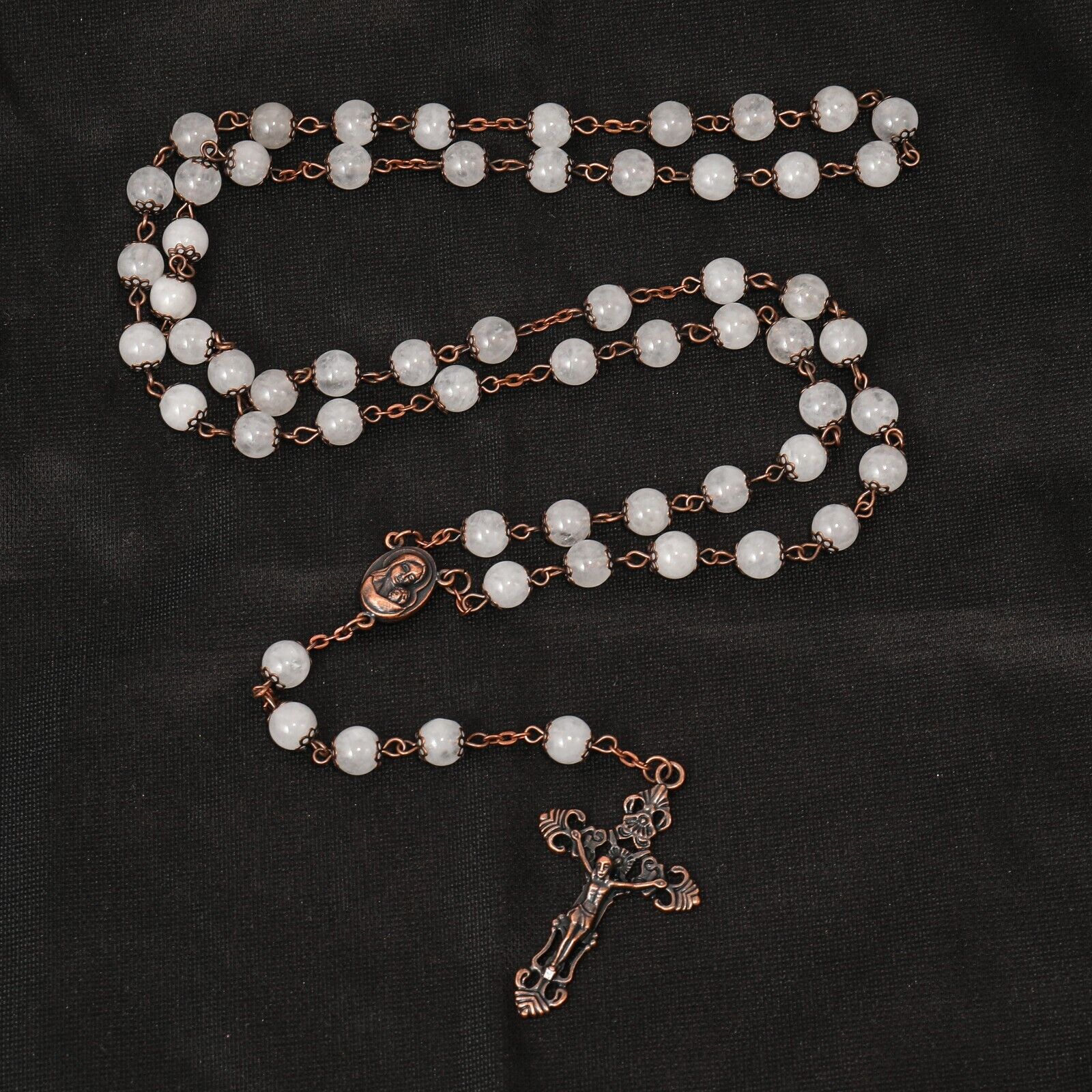 Clear Agate Natural Stone Rosary Beads Necklace Holy Soil & Cross Crucifix Nazareth Store