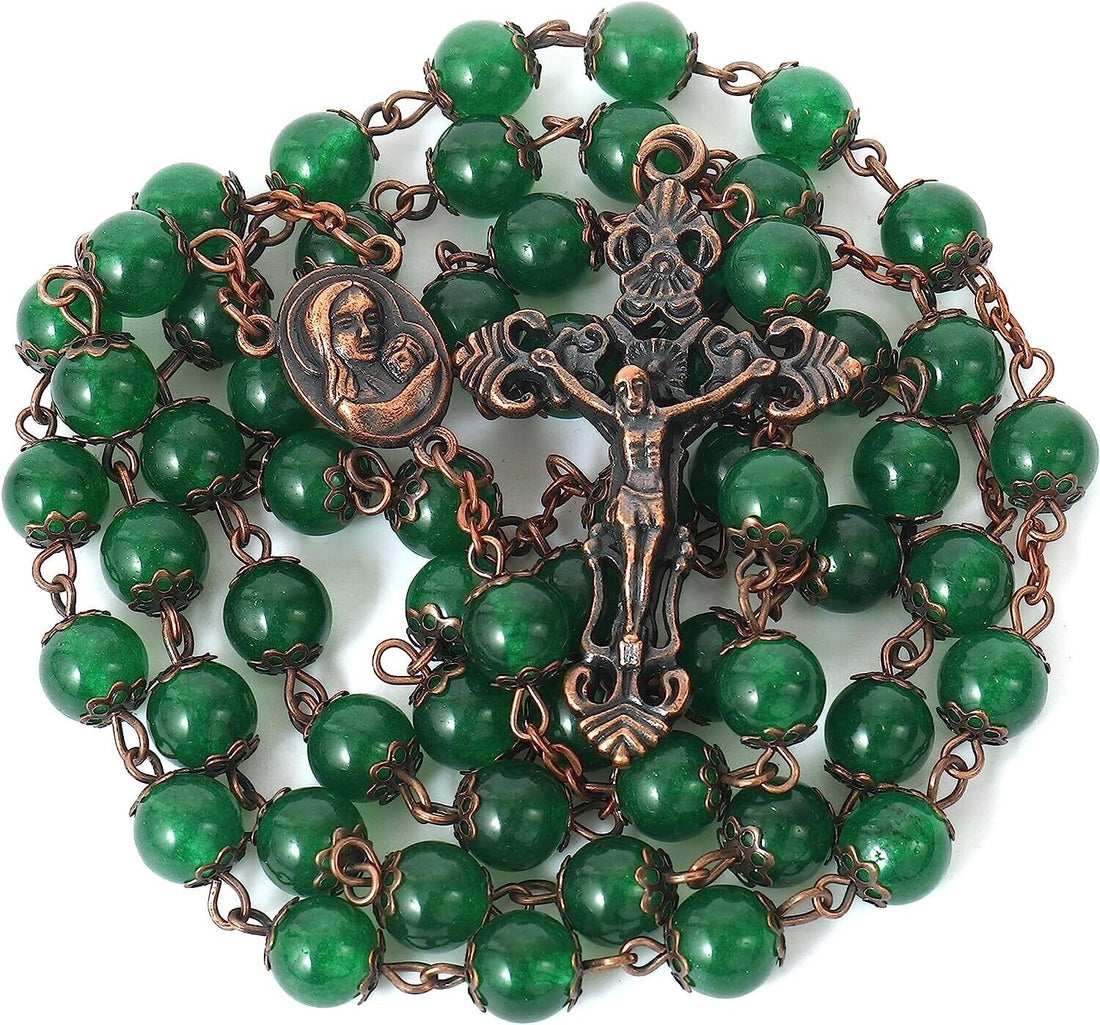 Green Jade Natural Stone Rosary Beads Necklace Holy Soil & Cross Crucifix Nazareth Store