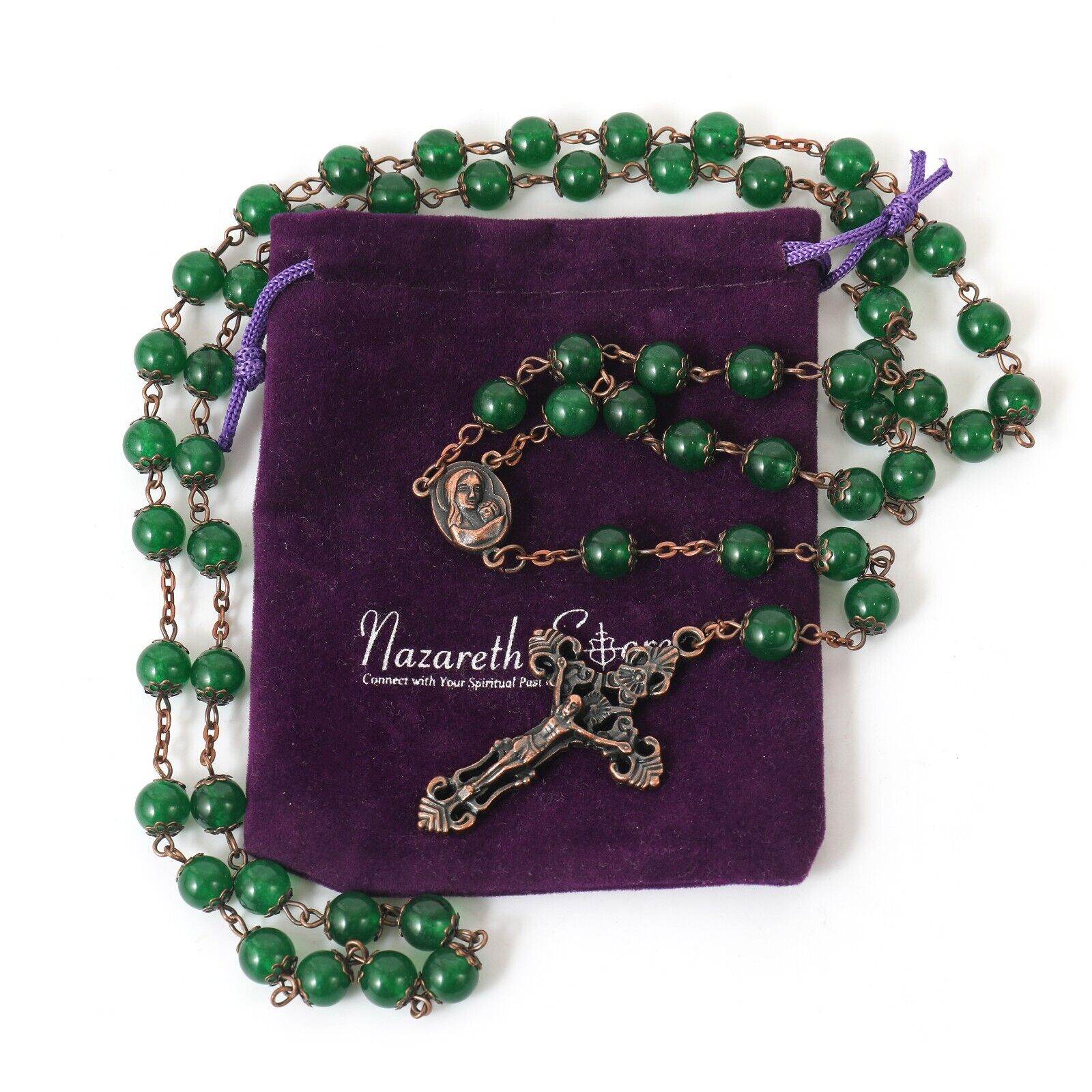 Malachite Natural Stone Rosary Beads Necklace Holy Soil & Cross Crucifix - Nazareth Store