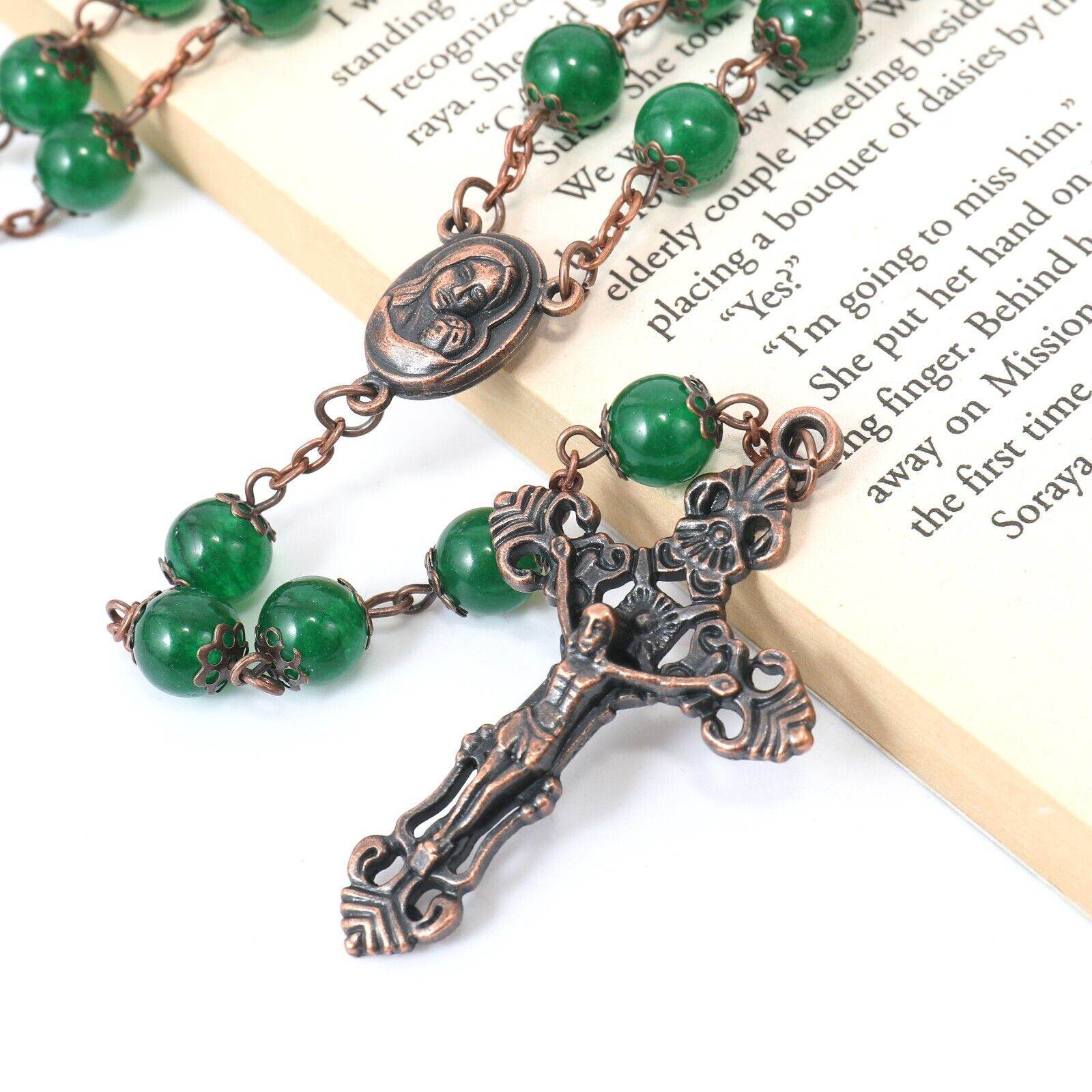 Green Jade Natural Stone Rosary Beads Necklace Holy Soil & Cross Crucifix - Nazareth Store