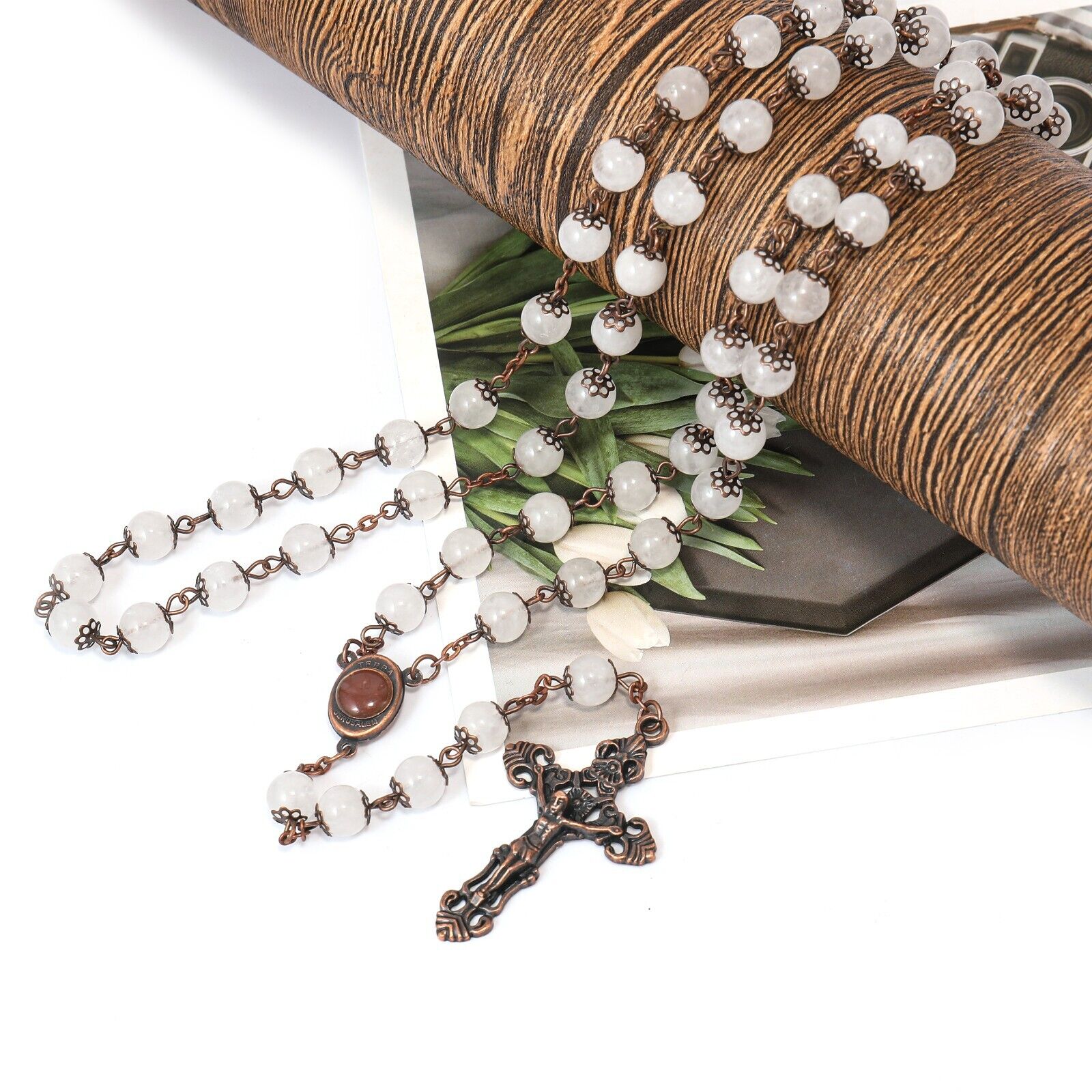 Clear Agate Natural Stone Rosary Beads Necklace Holy Soil & Cross Crucifix Nazareth Store
