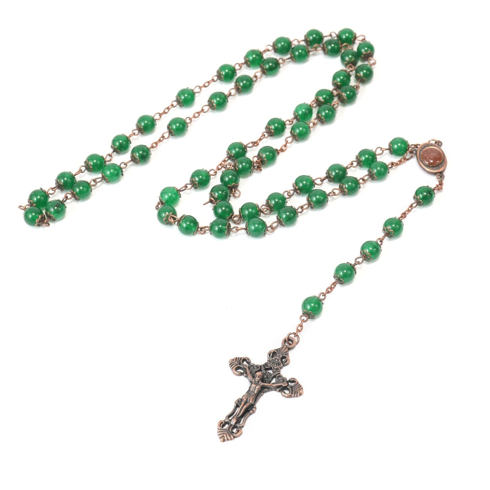 Green Jade Natural Stone Rosary Beads Necklace Holy Soil & Cross Crucifix Nazareth Store