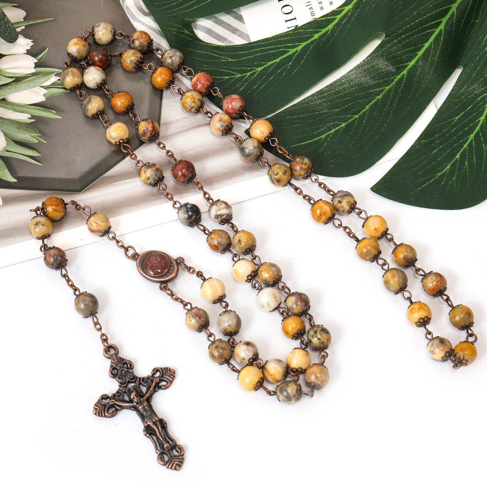 Yellow Jasper Natural Stone Rosary Beads Necklace Holy Soil & Cross Crucifix - Nazareth Store
