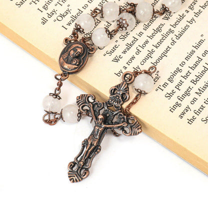 Clear Agate Natural Stone Rosary Beads Necklace Holy Soil & Cross Crucifix - Nazareth Store
