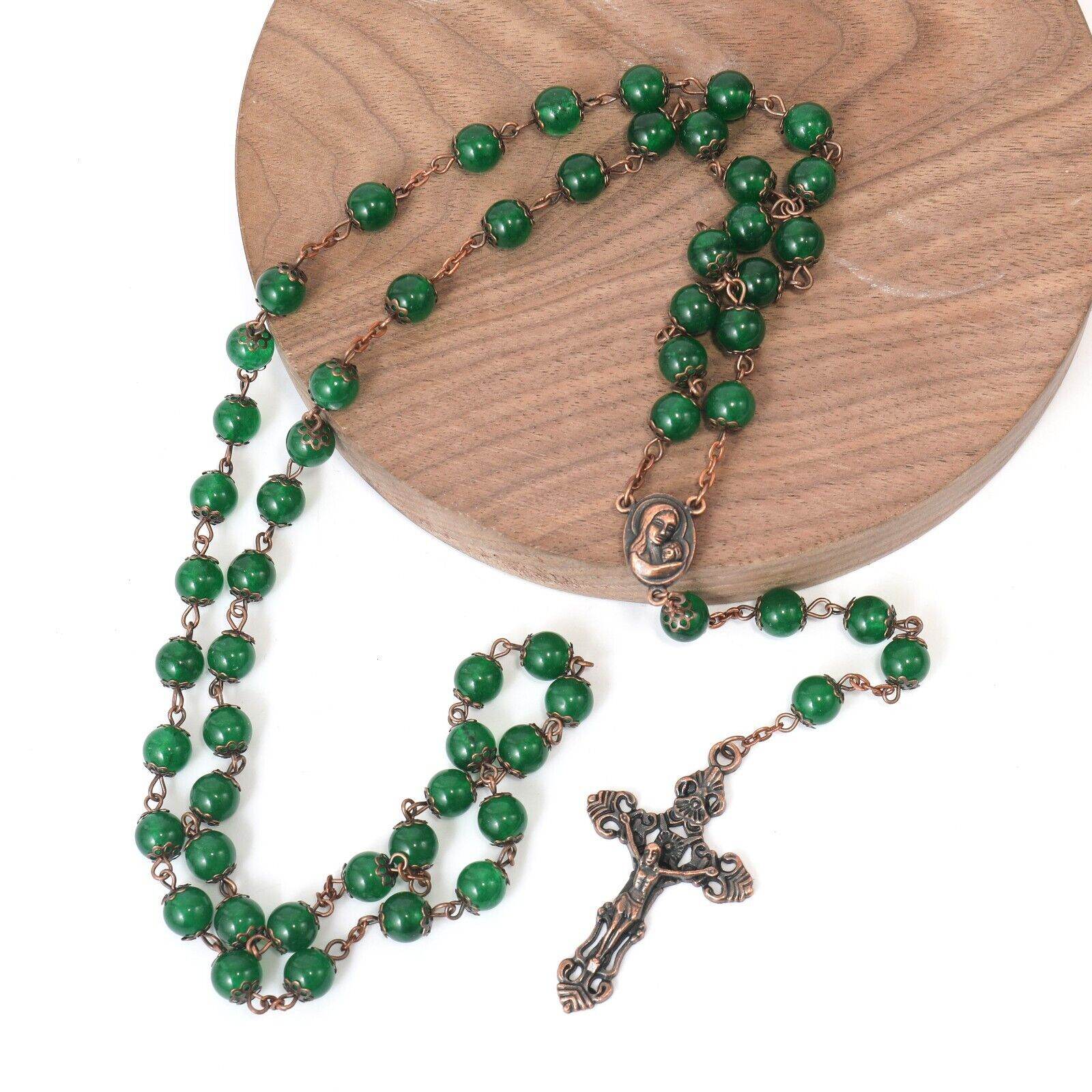 Green Jade Natural Stone Rosary Beads Necklace Holy Soil & Cross Crucifix - Nazareth Store