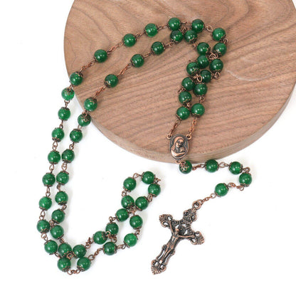 Green Jade Natural Stone Rosary Beads Necklace Holy Soil & Cross Crucifix - Nazareth Store