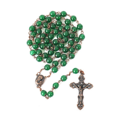 Green Jade Natural Stone Rosary Beads Necklace Holy Soil & Cross Crucifix - Nazareth Store