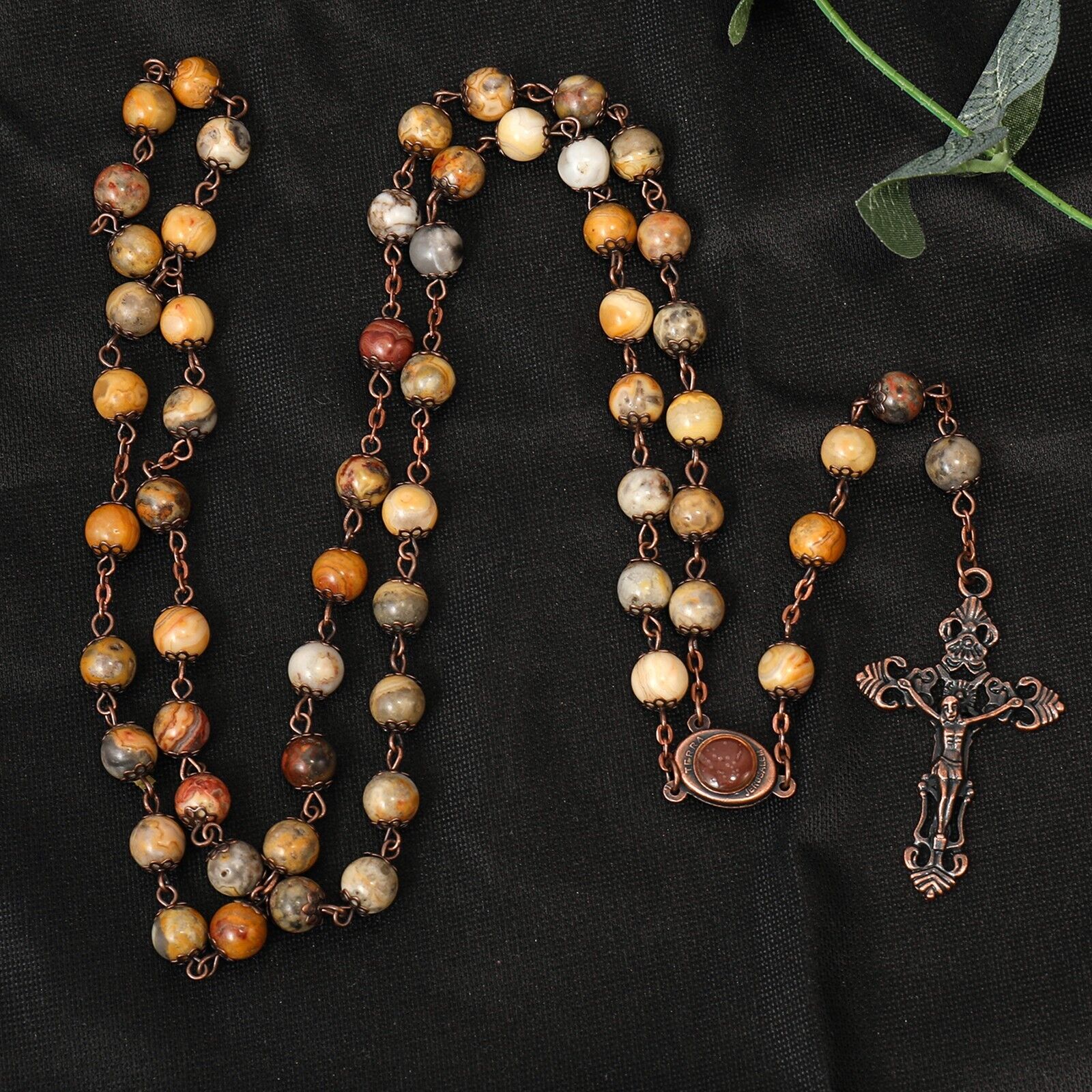 Yellow Jasper Natural Stone Rosary Beads Necklace Holy Soil & Cross Crucifix Nazareth Store