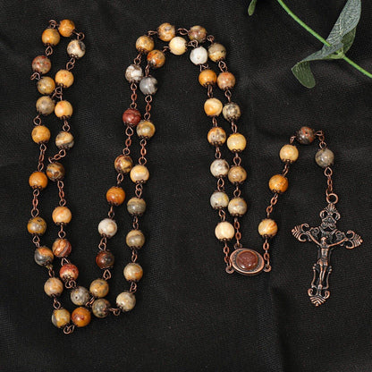 Yellow Jasper Natural Stone Rosary Beads Necklace Holy Soil & Cross Crucifix - Nazareth Store
