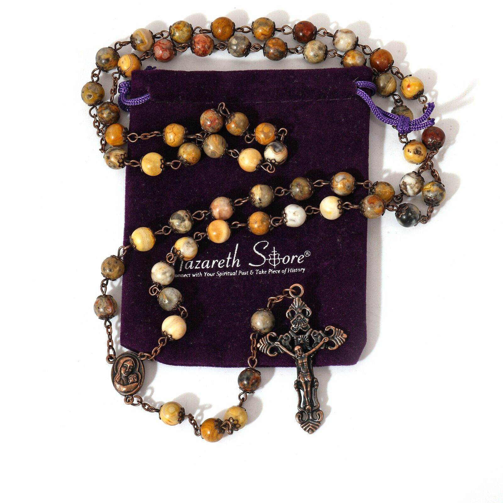 Yellow Jasper Natural Stone Rosary Beads Necklace Holy Soil & Cross Crucifix - Nazareth Store