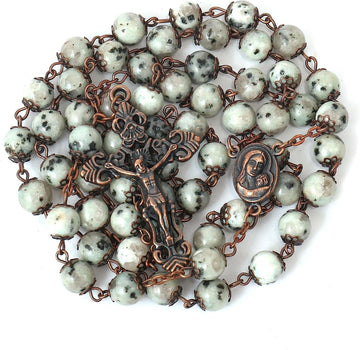 Dalmatian Jasper  Natural Stone Rosary Beads Necklace Holy Soil & Cross Crucifix Nazareth Store