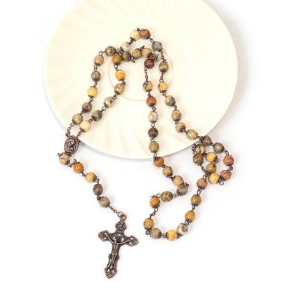 Yellow Jasper Natural Stone Rosary Beads Necklace Holy Soil & Cross Crucifix - Nazareth Store