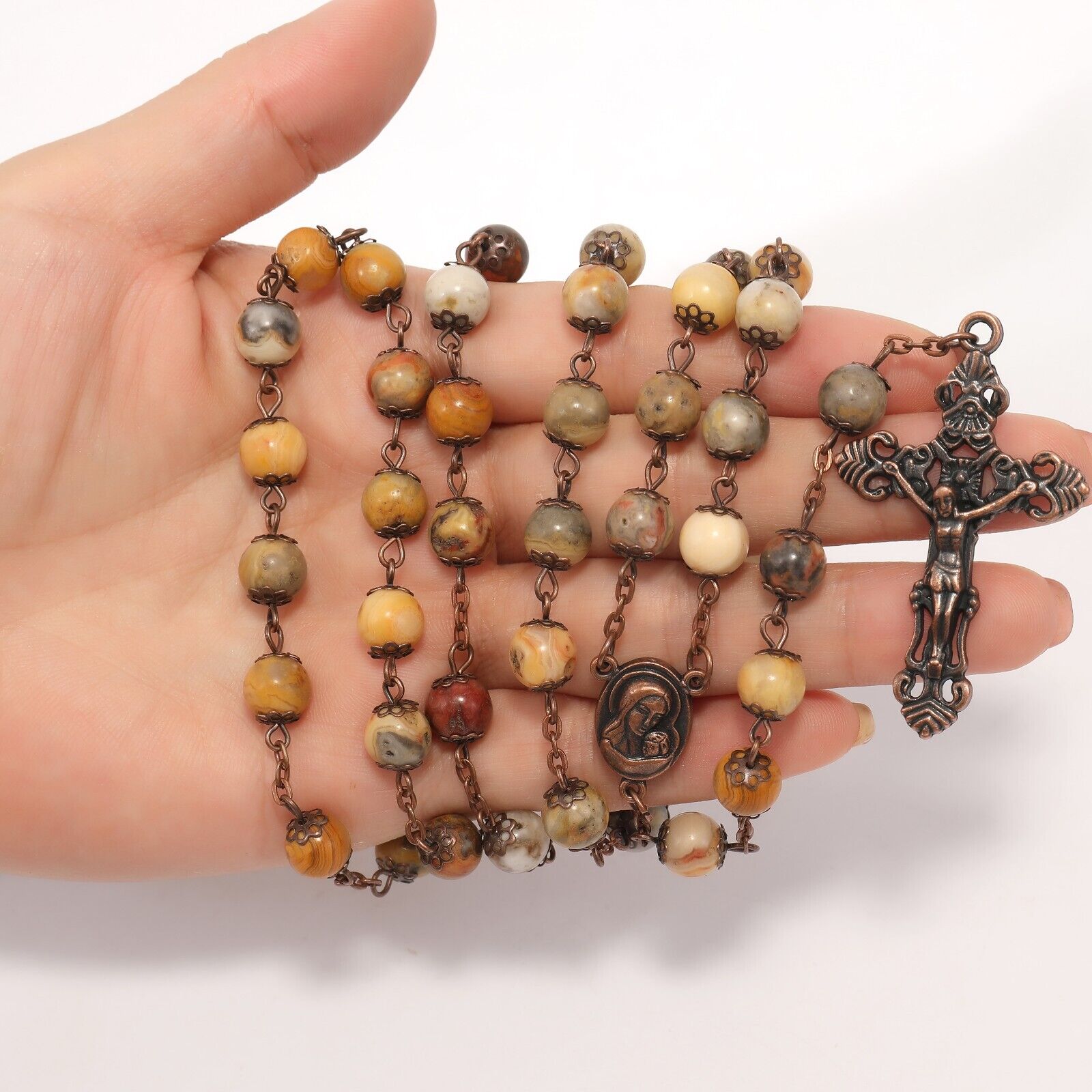 Yellow Jasper Natural Stone Rosary Beads Necklace Holy Soil & Cross Crucifix Nazareth Store