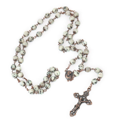 Dalmatian Jasper Natural Stone Rosary Beads Necklace with Holy Soil & Cross - Nazareth Store