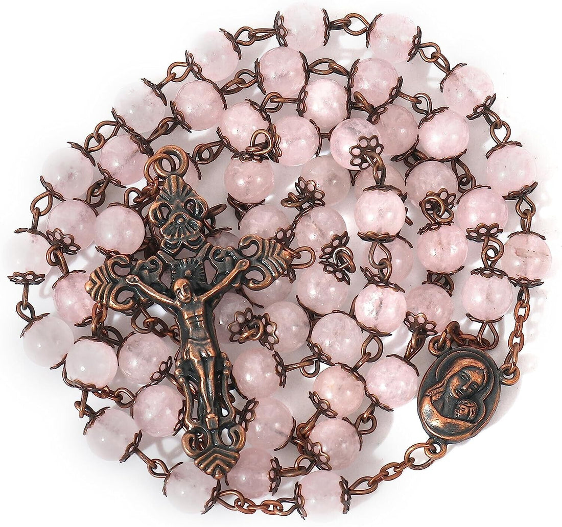 Rose Quartz Natural Stone Rosary Beads Necklace Holy Soil & Cross Crucifix Nazareth Store