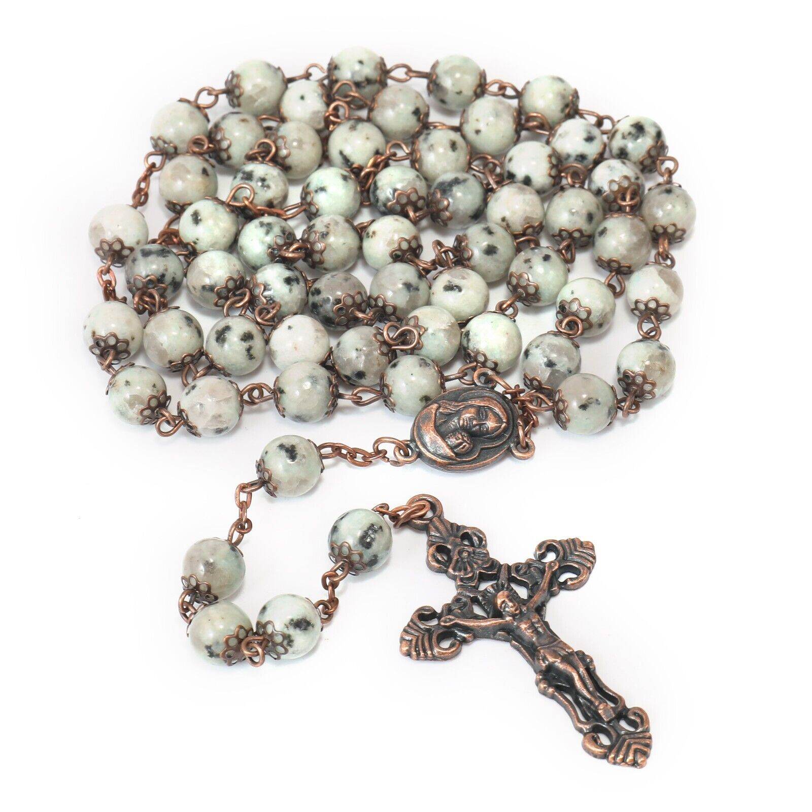 Dalmatian Jasper Natural Stone Rosary Beads Necklace with Holy Soil & Cross - Nazareth Store