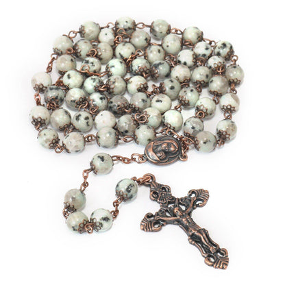 Dalmatian Jasper Natural Stone Rosary Beads Necklace with Holy Soil & Cross - Nazareth Store