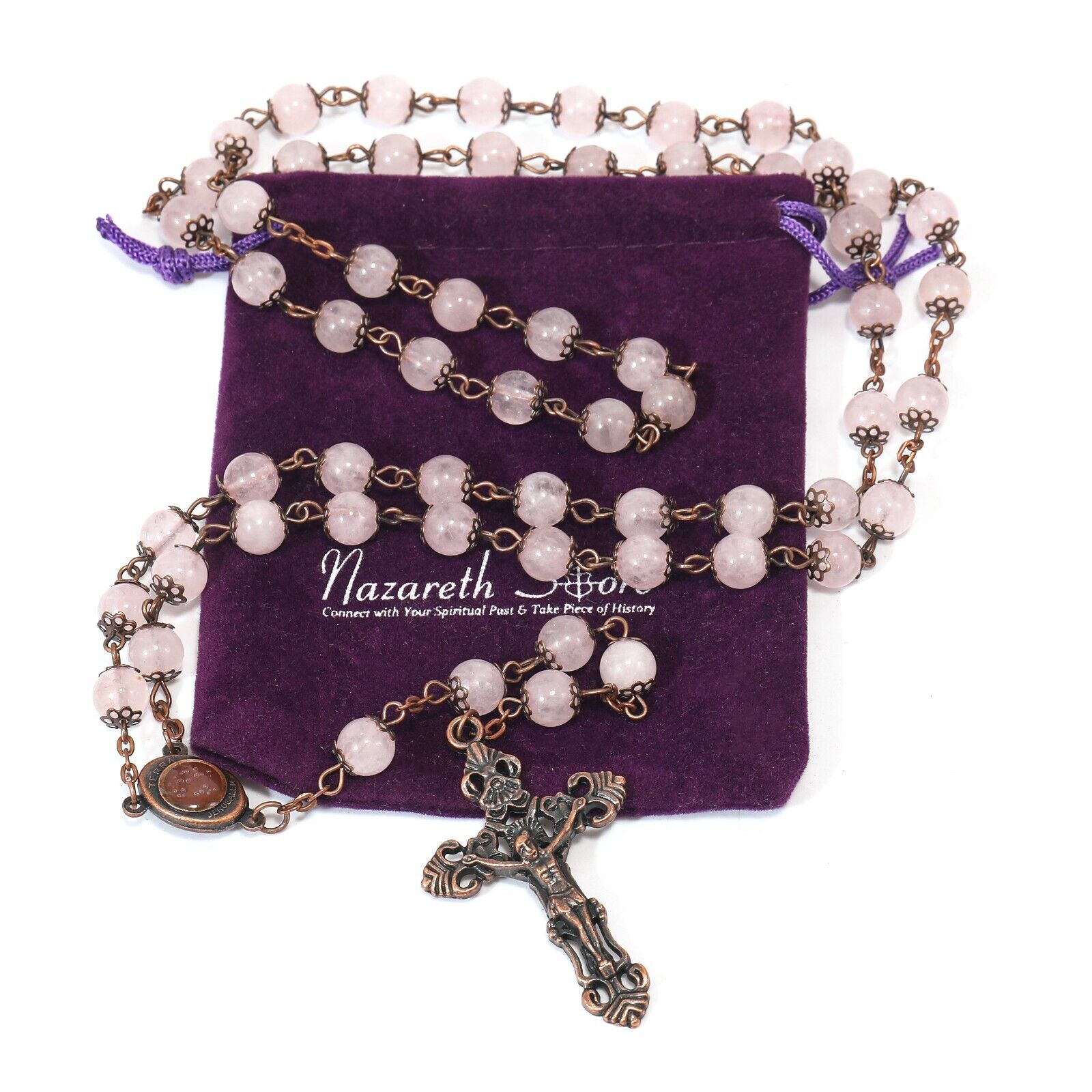 Rose Quartz Natural Stone Rosary Beads Necklace Holy Soil & Cross Crucifix Nazareth Store