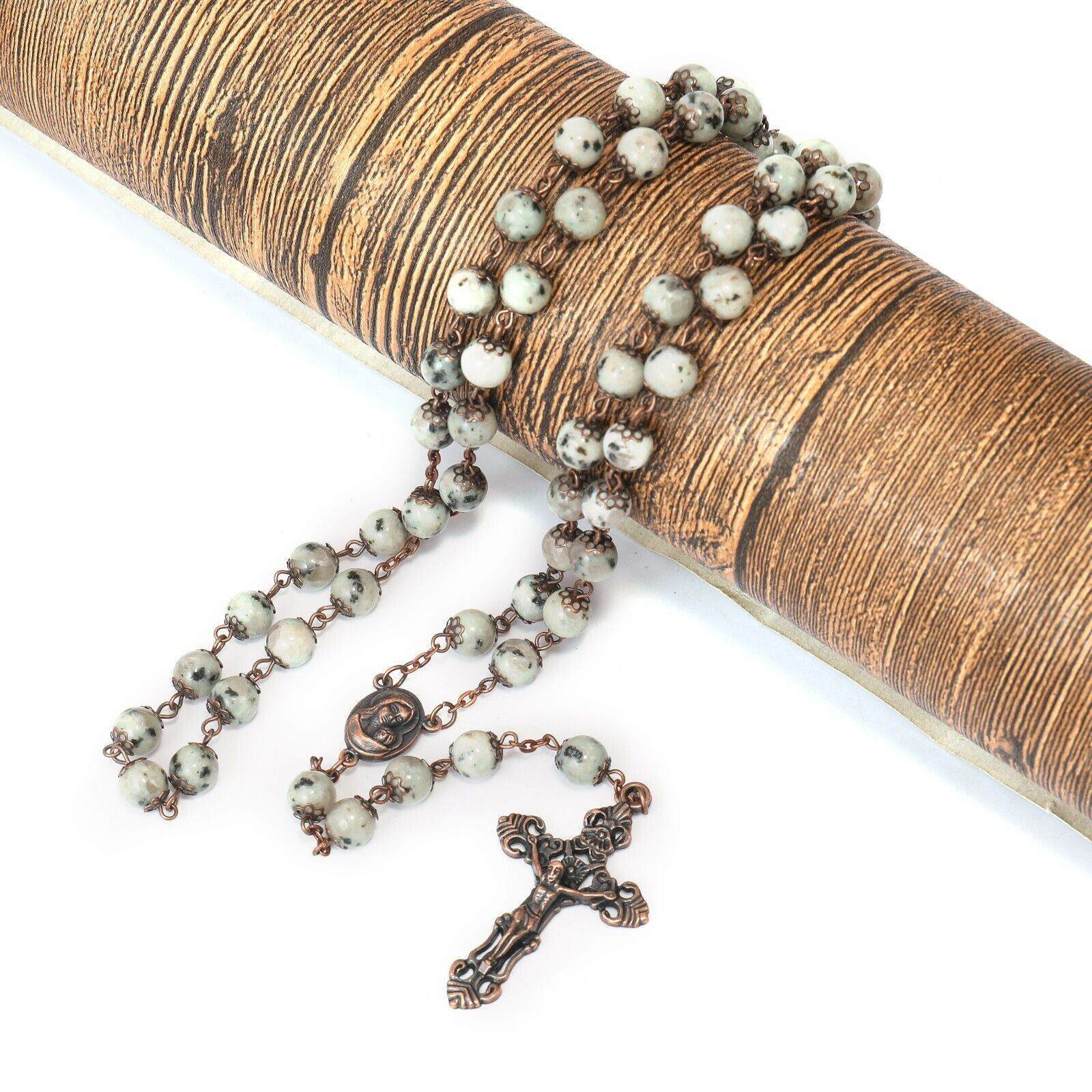 Dalmatian Jasper Natural Stone Rosary Beads Necklace with Holy Soil & Cross - Nazareth Store