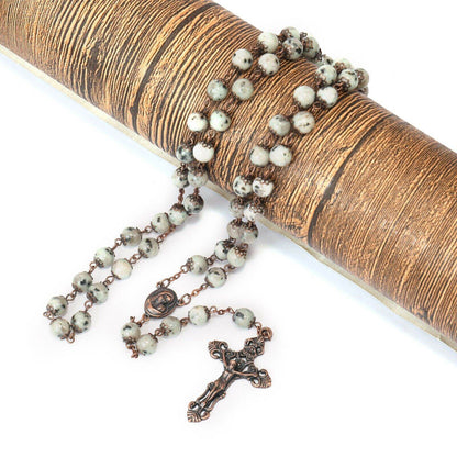 Dalmatian Jasper Natural Stone Rosary Beads Necklace with Holy Soil & Cross - Nazareth Store