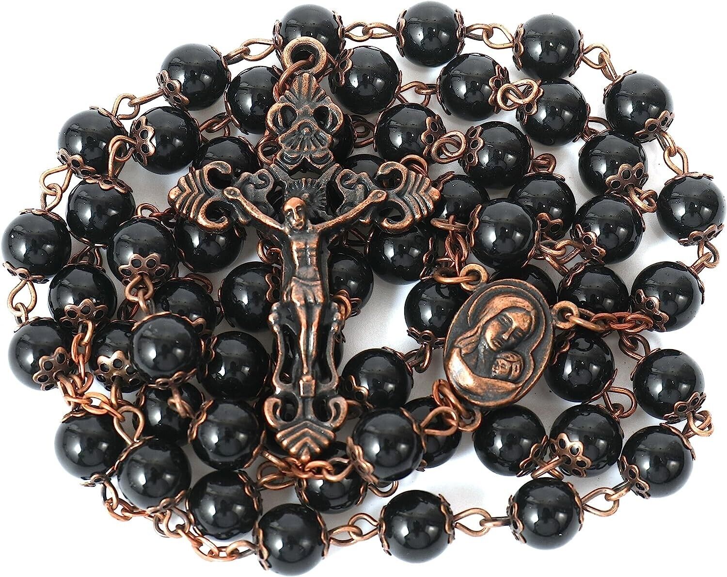 Black Obsidian Natural Stone Rosary Beads Necklace Holy Soil & Cross Crucifix Nazareth Store