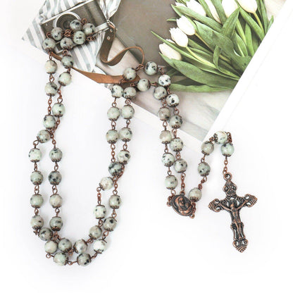 Dalmatian Jasper Natural Stone Rosary Beads Necklace with Holy Soil & Cross - Nazareth Store