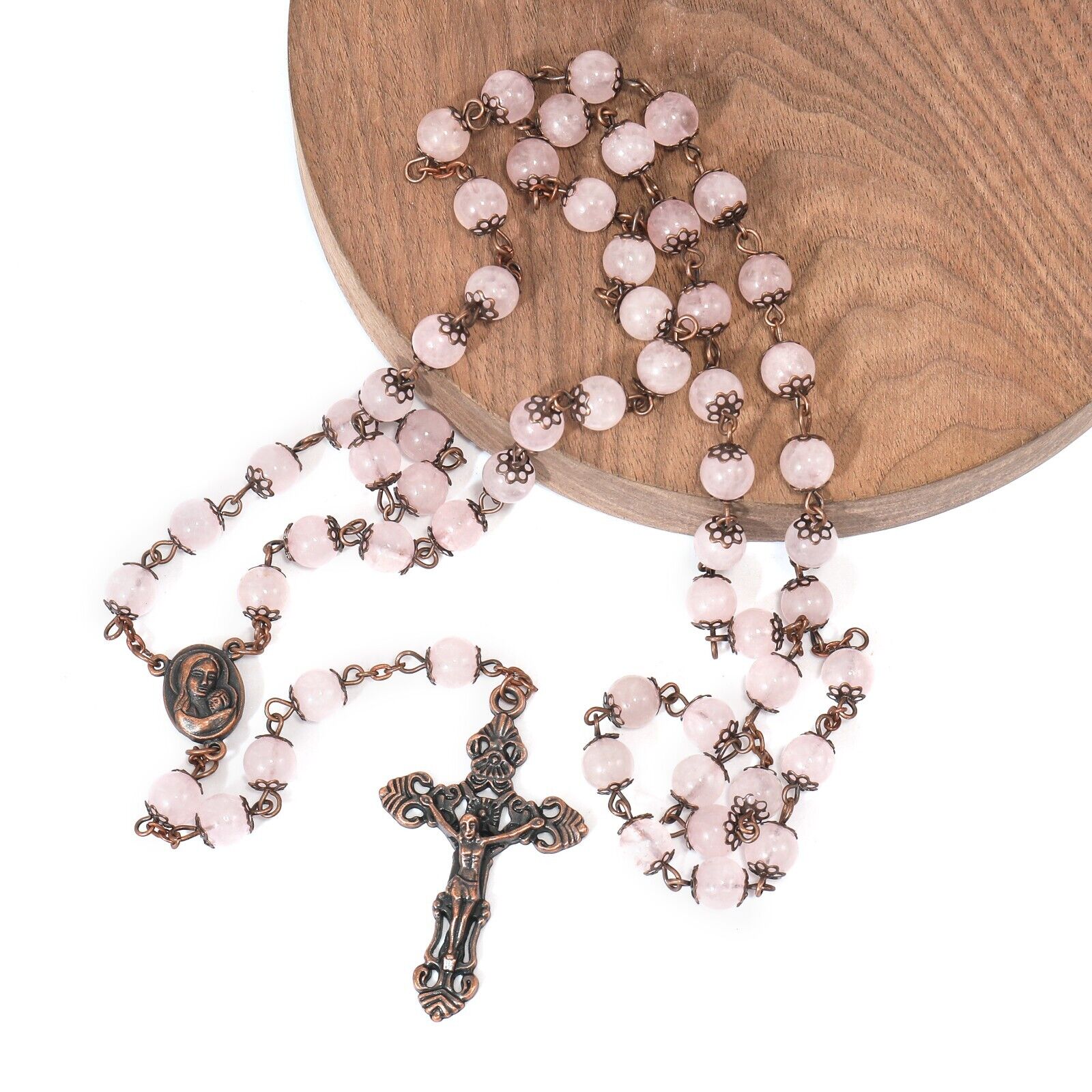 Rose Quartz Natural Stone Rosary Beads Necklace Holy Soil & Cross Crucifix Nazareth Store