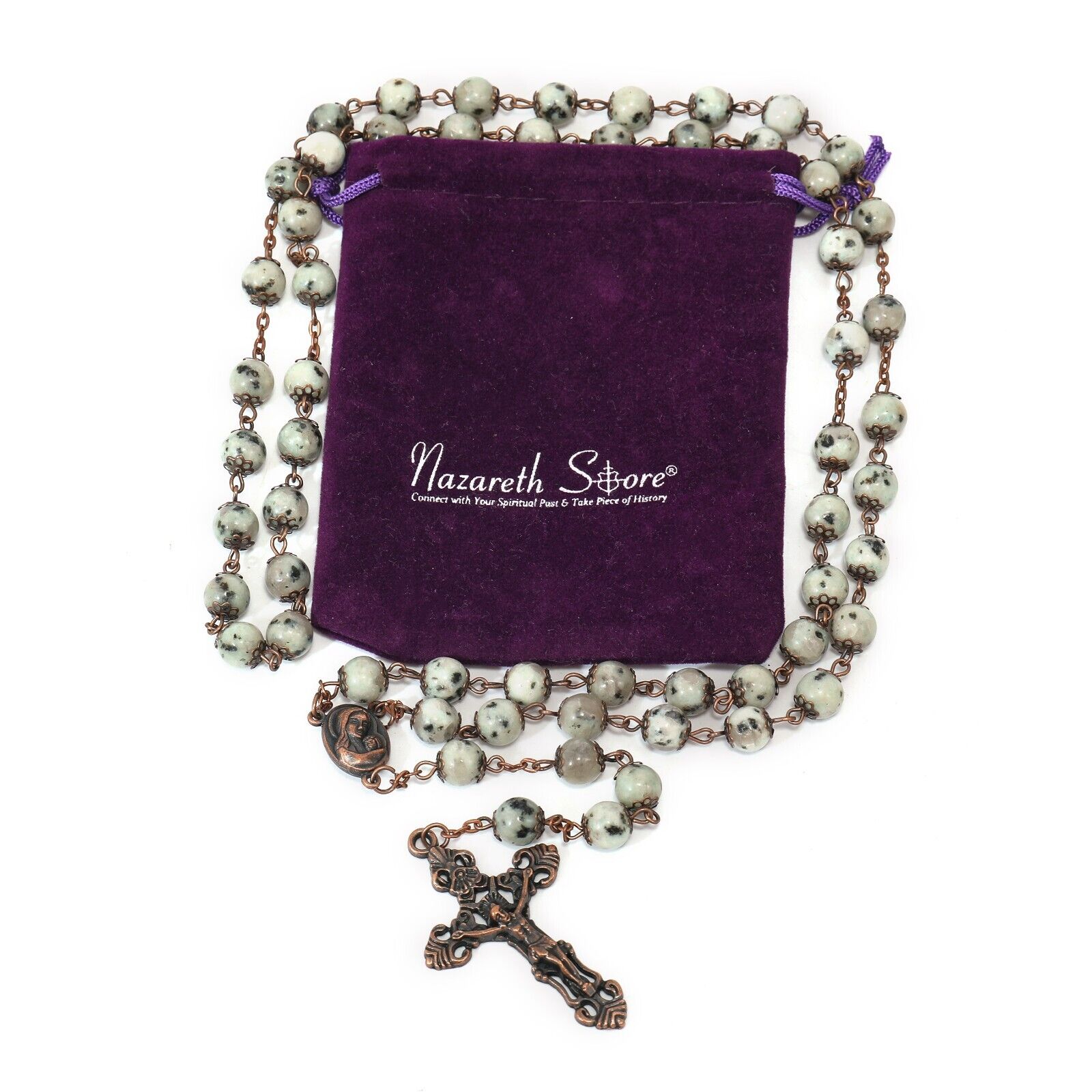Dalmatian Jasper  Natural Stone Rosary Beads Necklace Holy Soil & Cross Crucifix Nazareth Store