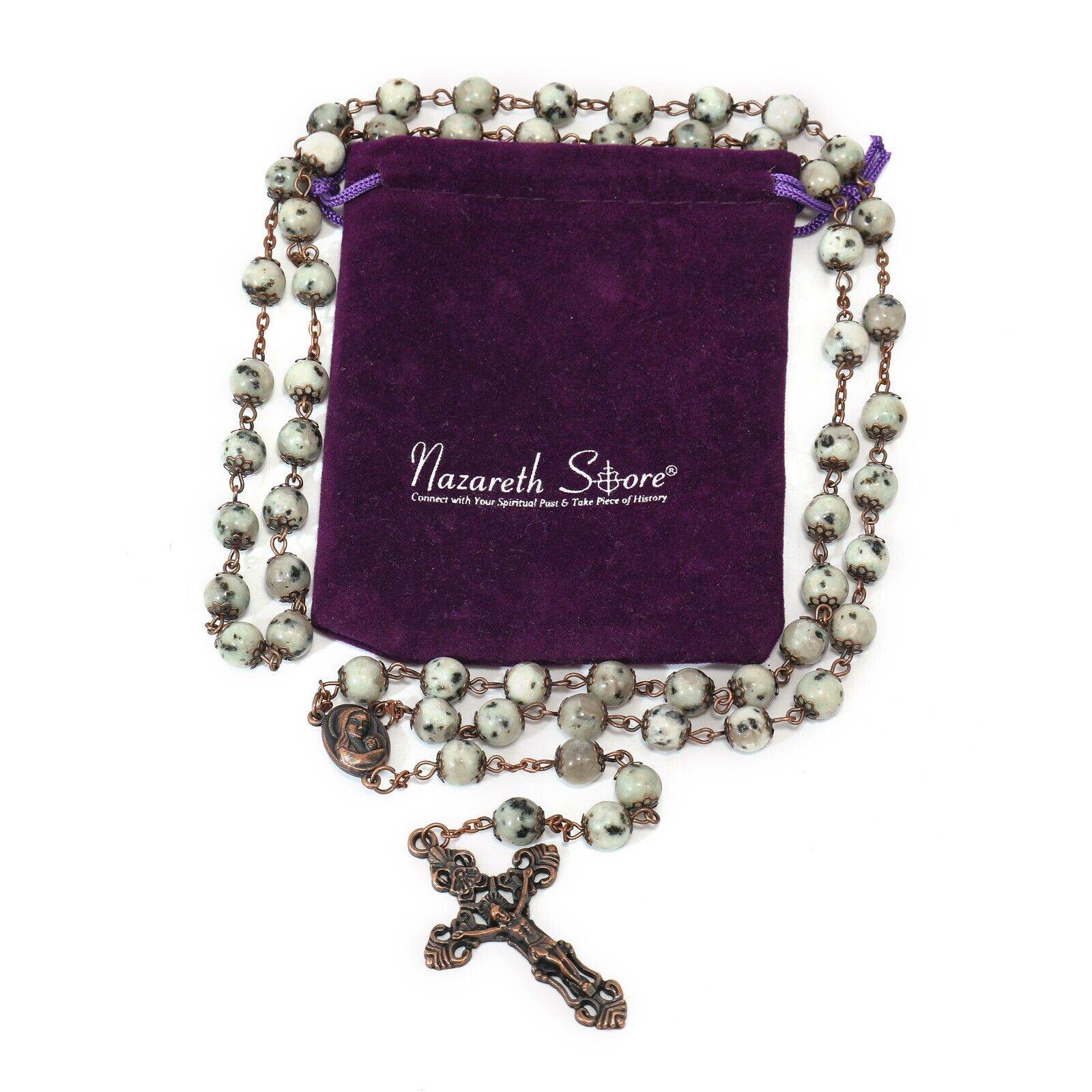 Dalmatian Jasper Natural Stone Rosary Beads Necklace Holy Soil & Cross - Nazareth Store