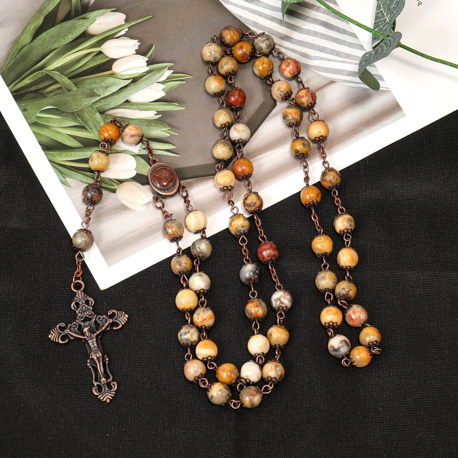Yellow Jasper Natural Stone Rosary Beads Necklace Holy Soil & Cross Crucifix - Nazareth Store