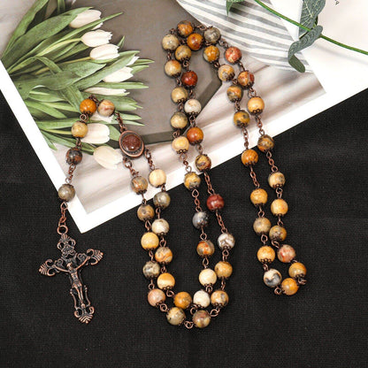 Yellow Jasper Natural Stone Rosary Beads Necklace Holy Soil & Cross Crucifix - Nazareth Store