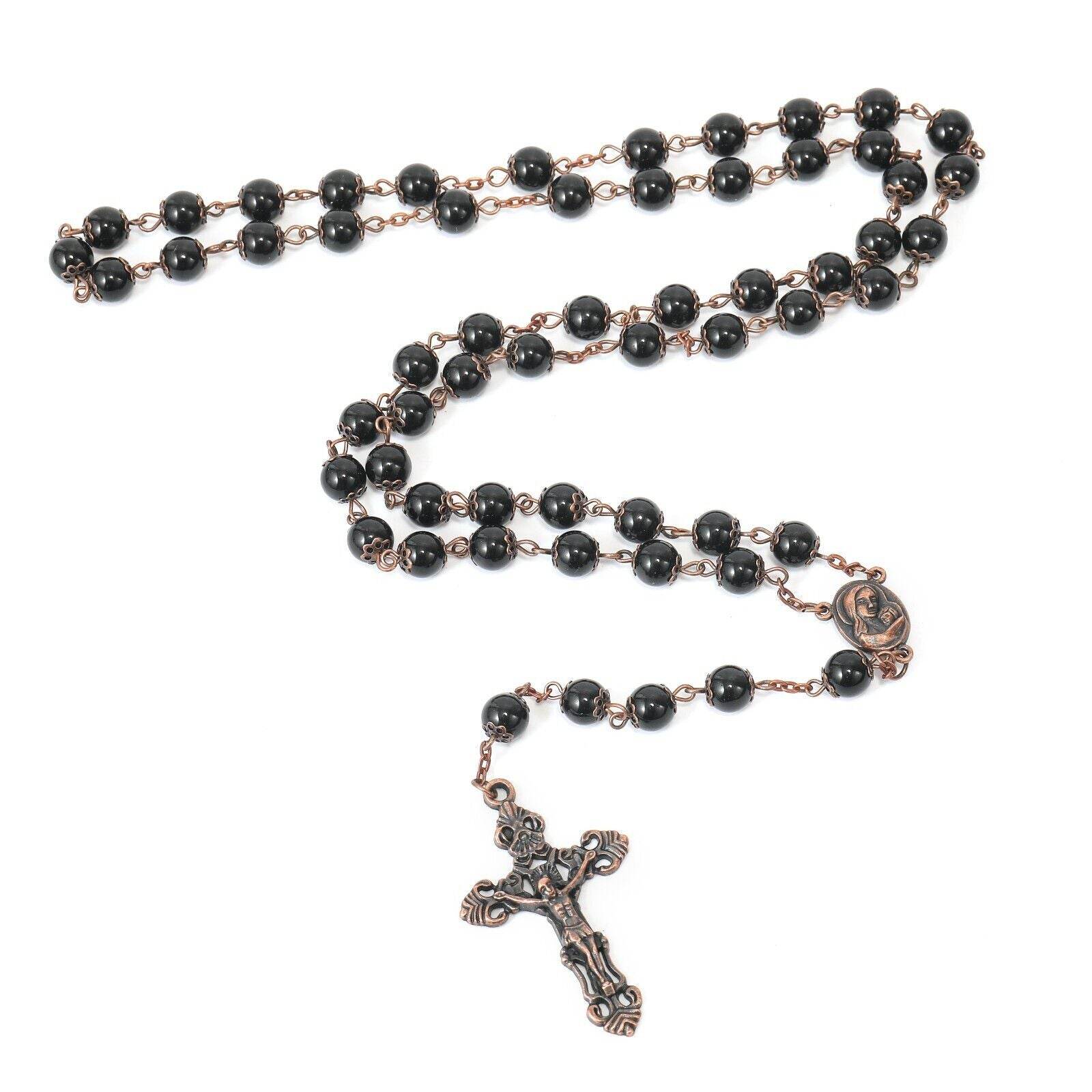 Black Obsidian Natural Stone Rosary Beads Necklace Holy Soil & Cross Crucifix - Nazareth Store
