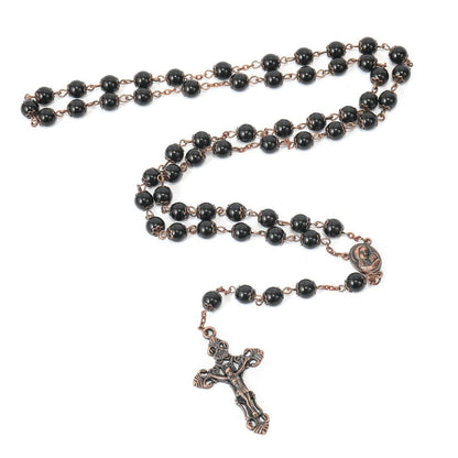 Black Obsidian Natural Stone Rosary Beads Necklace Holy Soil & Cross Crucifix - Nazareth Store