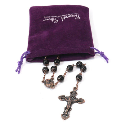 Black Obsidian Natural Stone Rosary Beads Necklace Holy Soil & Cross Crucifix - Nazareth Store