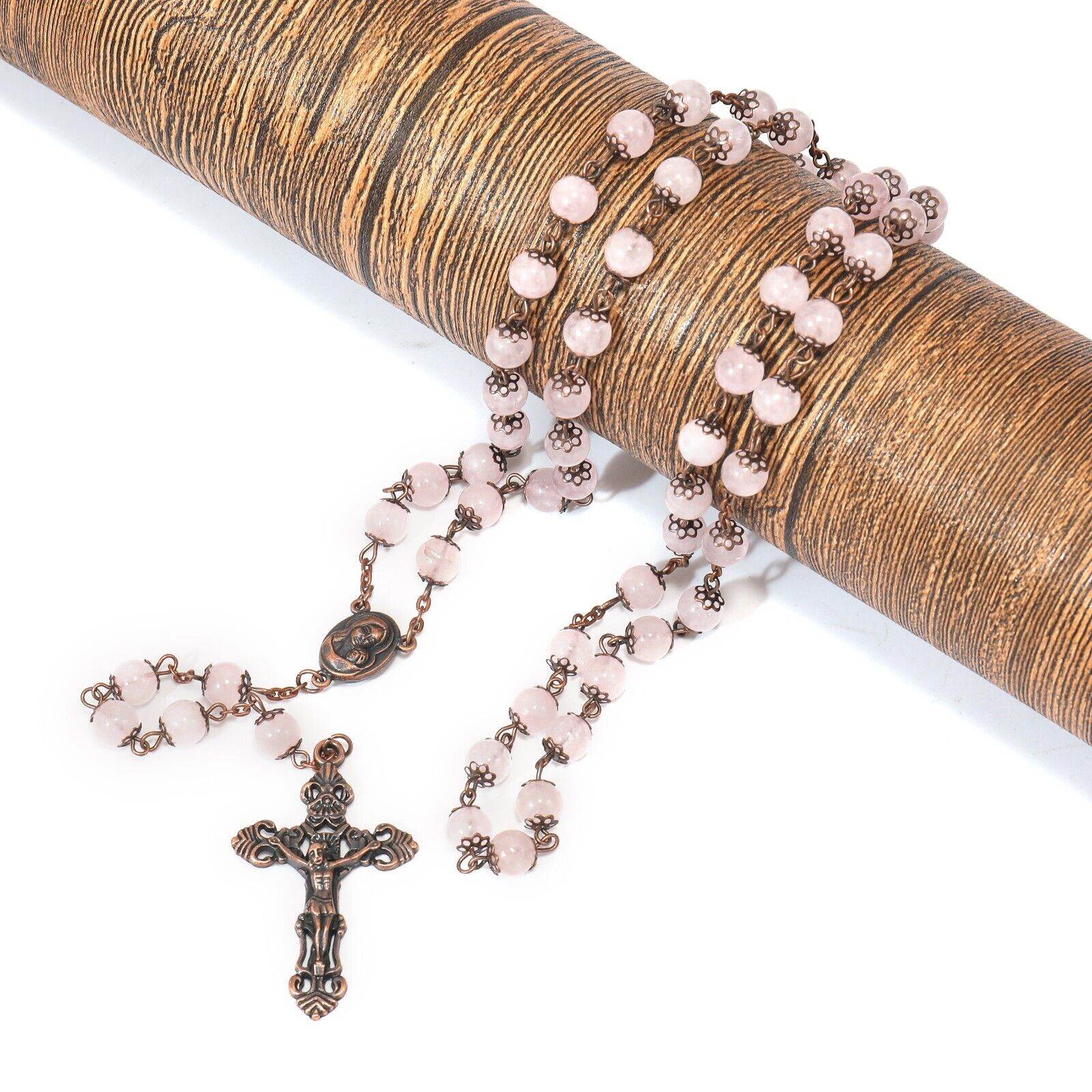 Rose Quartz Natural Stone Rosary Beads Necklace Holy Soil & Cross Crucifix - Nazareth Store