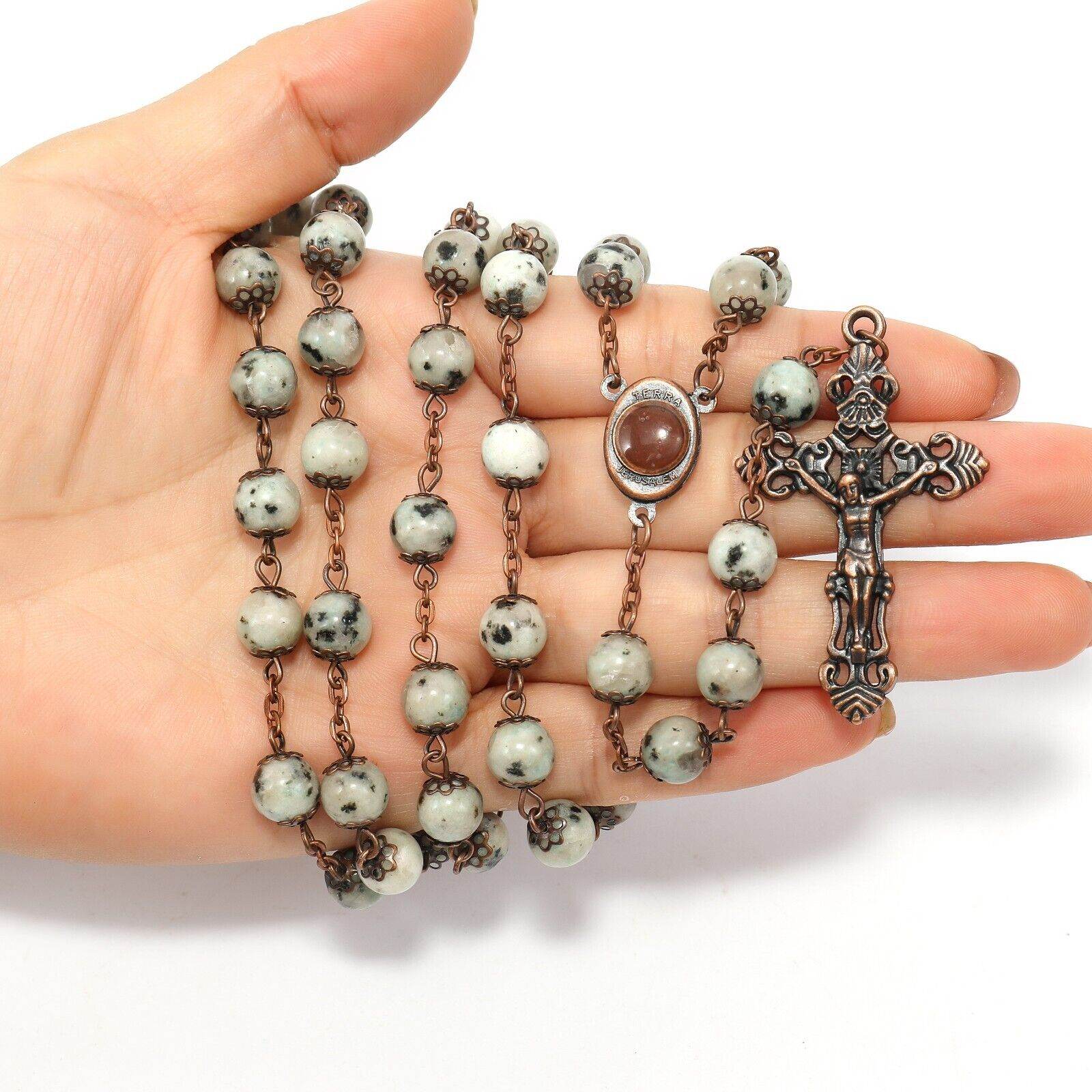 Dalmatian Jasper Natural Stone Rosary Beads Necklace with Holy Soil & Cross - Nazareth Store