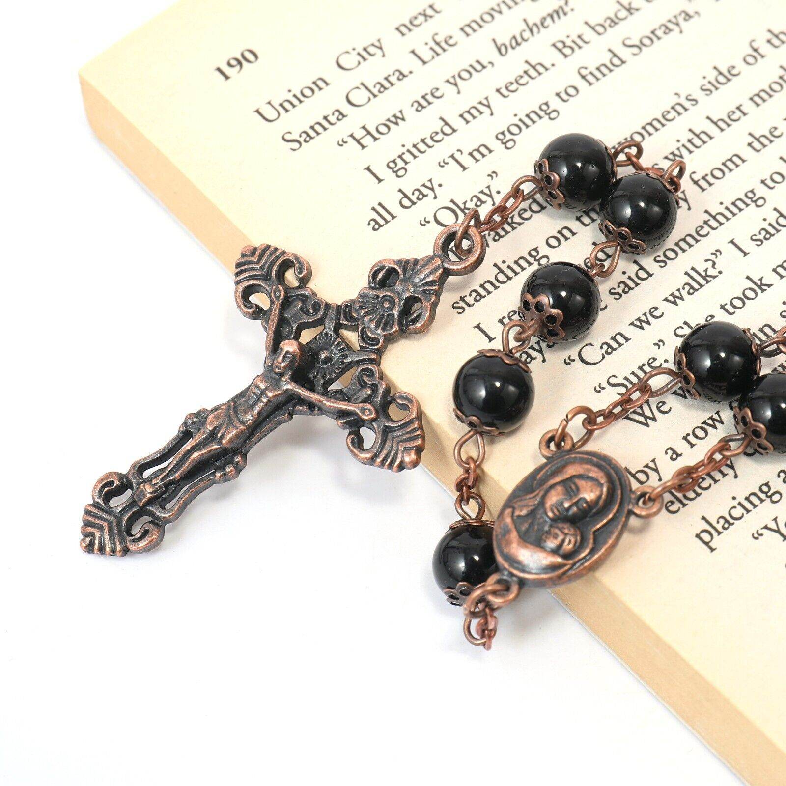 Black Obsidian Natural Stone Rosary Beads Necklace Holy Soil & Cross Crucifix - Nazareth Store