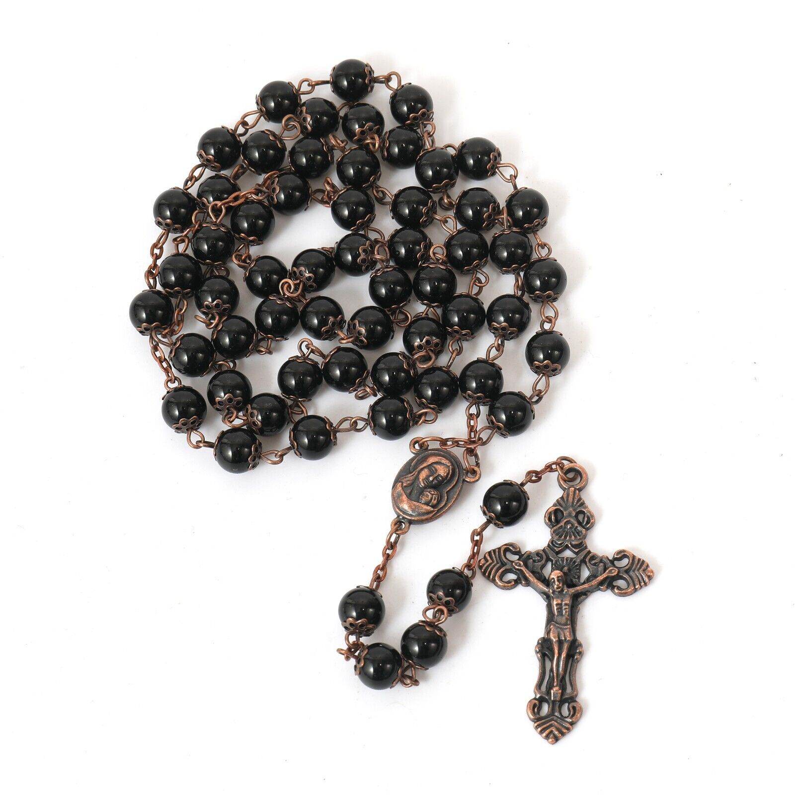 Black Obsidian Natural Stone Rosary Beads Necklace Holy Soil & Cross Crucifix - Nazareth Store