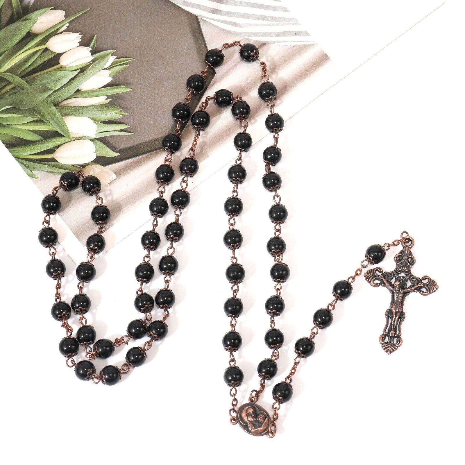 Black Obsidian Natural Stone Rosary Beads Necklace Holy Soil & Cross Crucifix - Nazareth Store