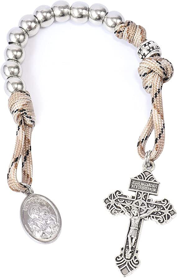 Silver Beads Paracord Rosary Rugged Necklace Set St. Michael & St.Benedict 22" Nazareth Store