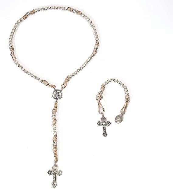 Silver Beads Paracord Rosary Rugged Necklace Set St. Michael & St.Benedict 22" Nazareth Store